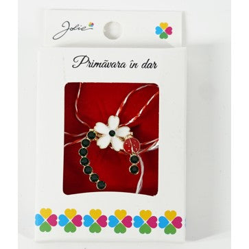 Martisor Brosa Mica in Cutie, Dimensiune Brosa 2.5-3 cm, Material Metal, Model Potcoava cu Floare Alba-0