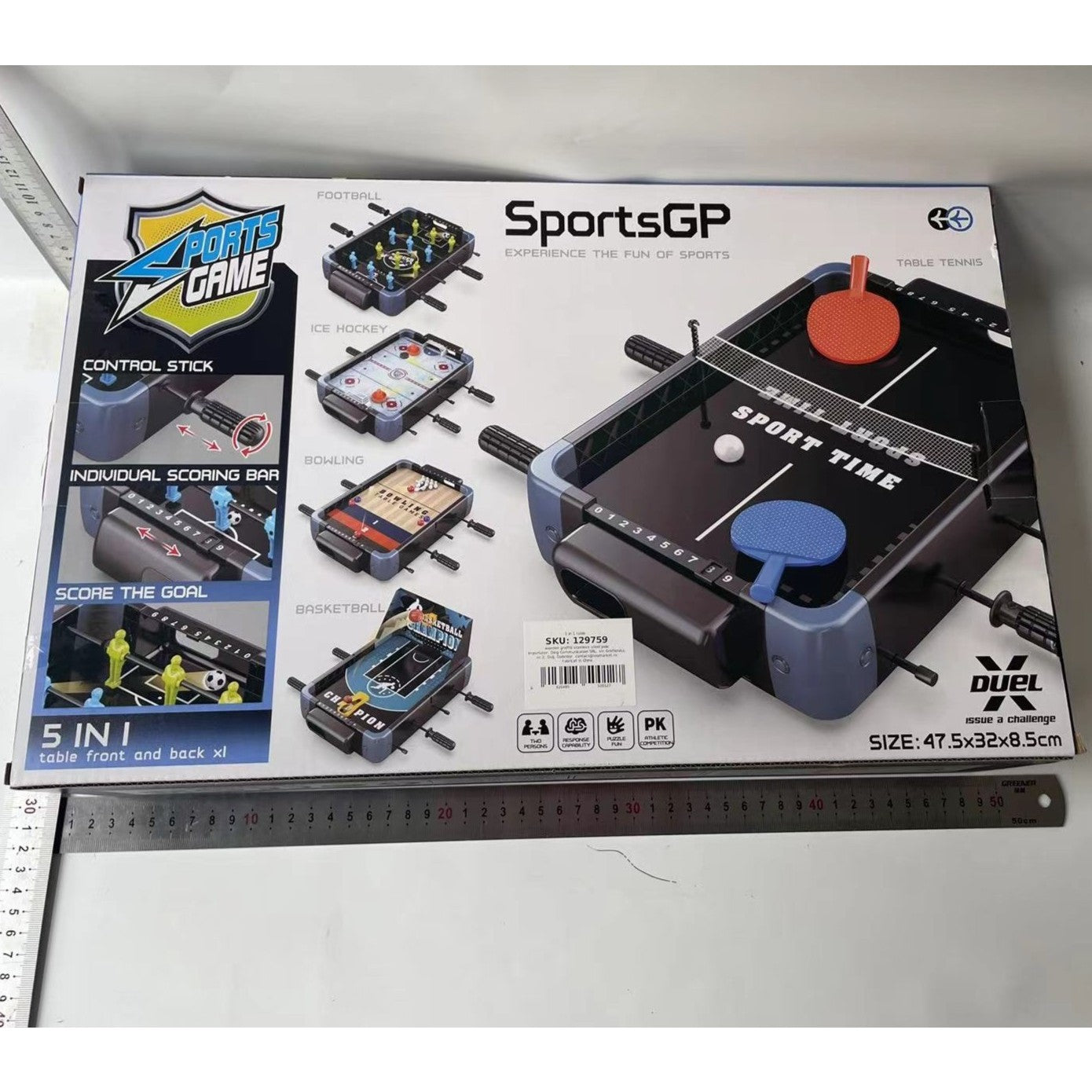 Masa de Joc 5in1 Flippy, cu Teren Schimbabil de Fotbal, Basket, Bowling, Curling si Hockey, cu Tablou Scor, din ABS, 47.5x32x8.5 cm, Design Multicolor, pentru Copii/ Adulti-2