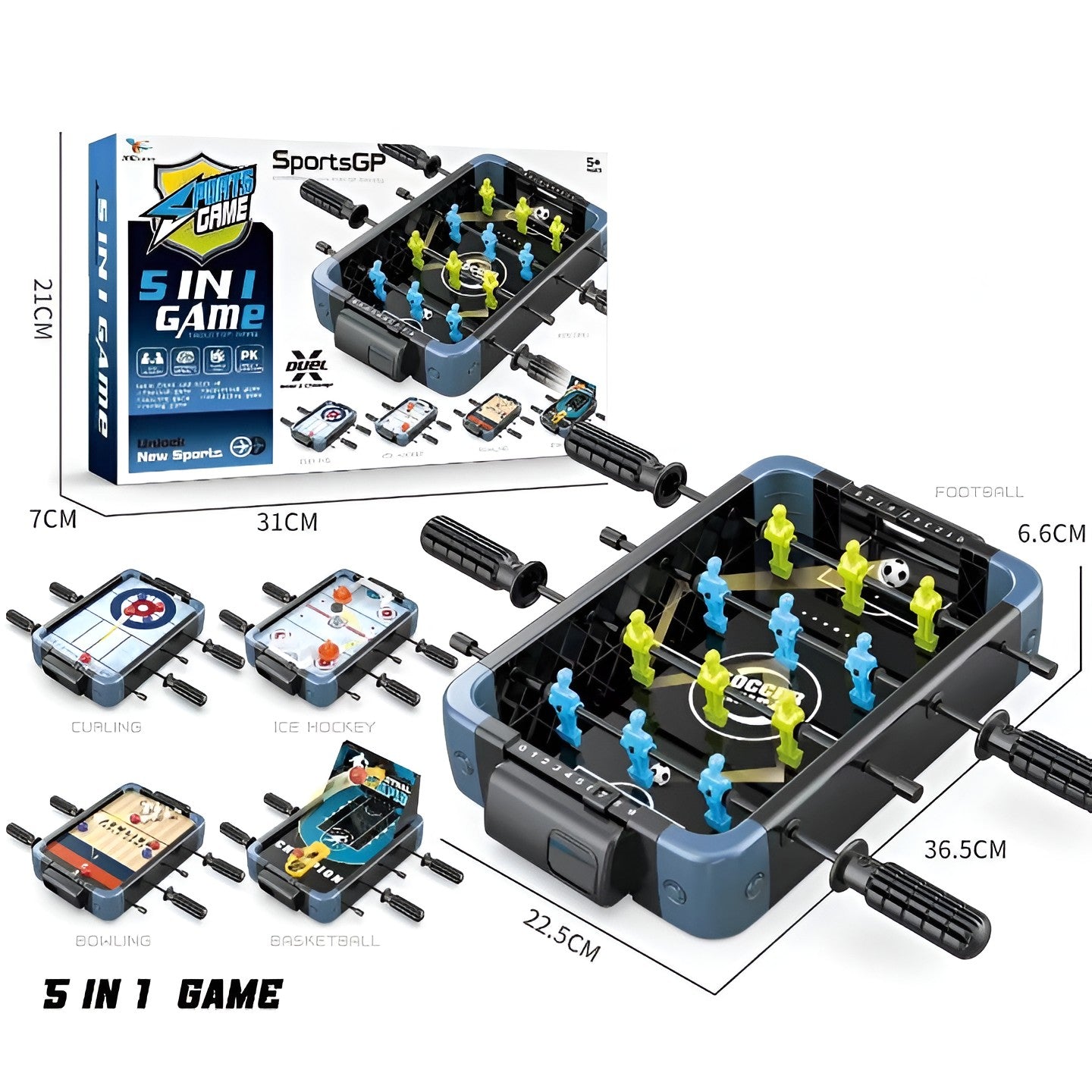 Masa de Joc 5in1 Flippy, cu Teren Schimbabil de Fotbal, Basket, Bowling, Curling si Hockey, cu Tablou Scor, din ABS, 36.5x22.5x6.6 cm, Design Multicolor, pentru Copii/ Adulti-1