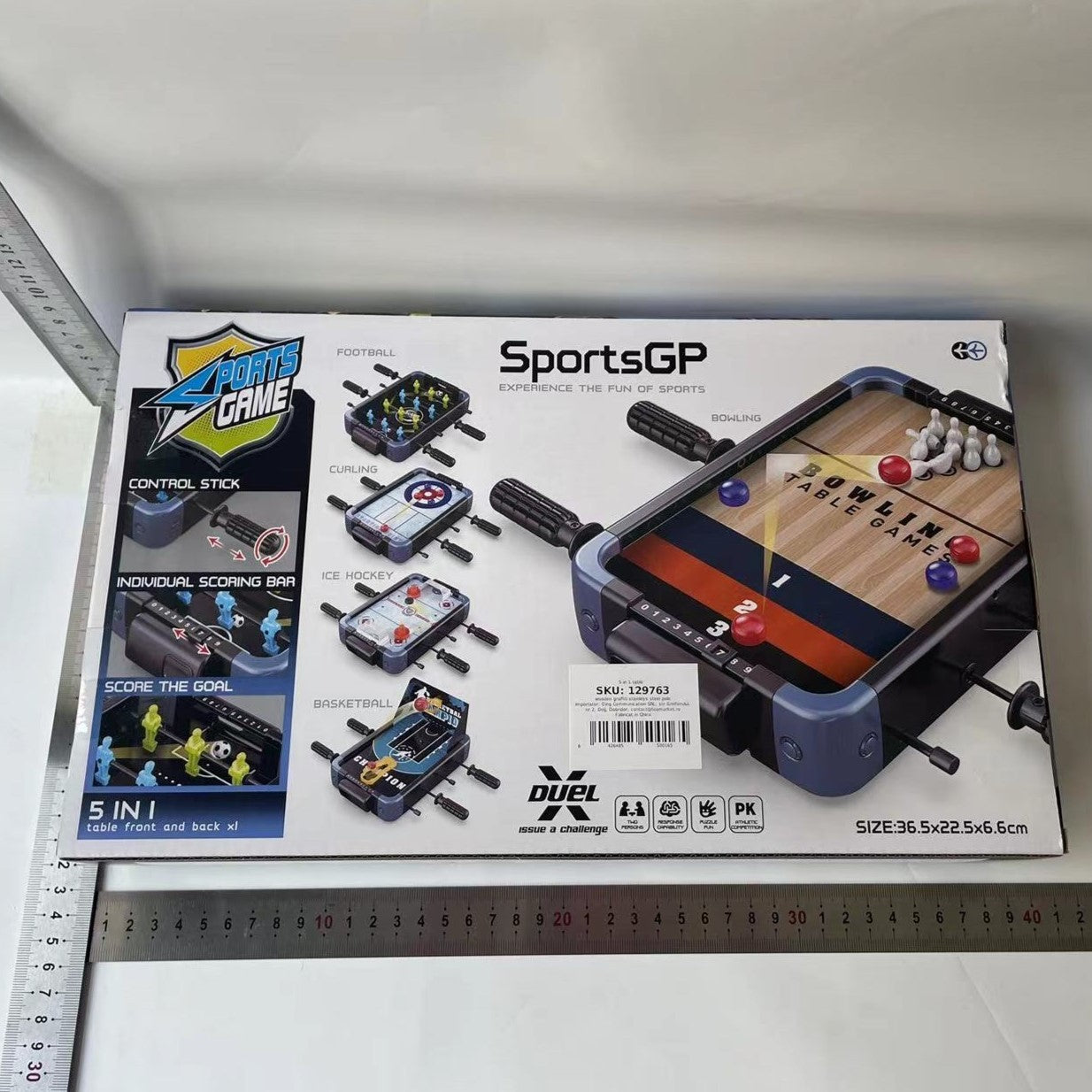 Masa de Joc 5in1 Flippy, cu Teren Schimbabil de Fotbal, Basket, Bowling, Curling si Hockey, cu Tablou Scor, din ABS, 36.5x22.5x6.6 cm, Design Multicolor, pentru Copii/ Adulti-2