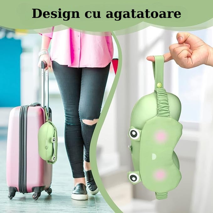 Masca de dormit, Flippy, 2 in 1, cu Tetiera, din Particule de Spuma si Bumbac, Model Broasca ,Verde-4