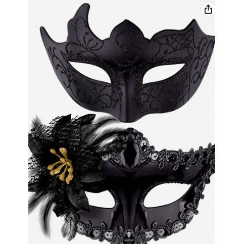 Set 2 Masti de Cuplu, Flippy, pentru Carnaval, Bal Mascat, Marime Universala, Model Floare Laterala si Margele, Model Clasic, Negre-0