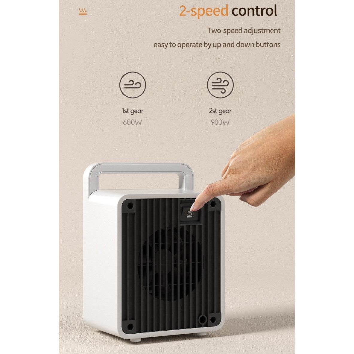 Mini Aeroterma, Flippy, Mini Radiator Electric, Putere 900 W, Buton cu 2 Trepte de Temperatura, Inchidere Automata, cu Maner de Prindere, 15x10.3x21 cm, Alb/ Negru-4