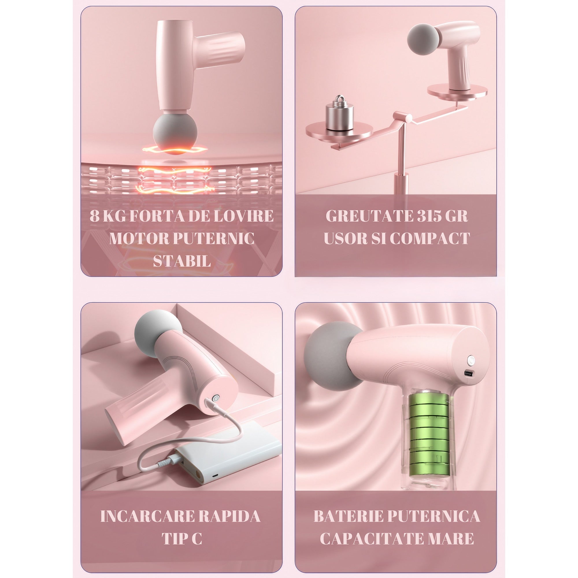 Mini Aparat de Masaj, Flippy, Tip Pistol, Incarcare USB Tip C, Portabil, Pentru Relaxare Musculara, Autonomie 120 Min, 3 Trepte de Viteza, Roz-6