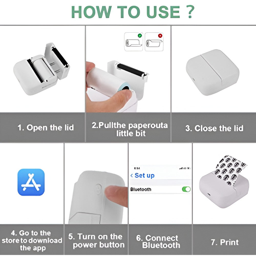 Mini Imprimanta Foto Portabila, Flippy, 5 Role de Hartie Termica, 5 Role Autocolante, 3 Role Colorate, Pixuri, Incarcare USB, Model Pisica, Alb Roz-2