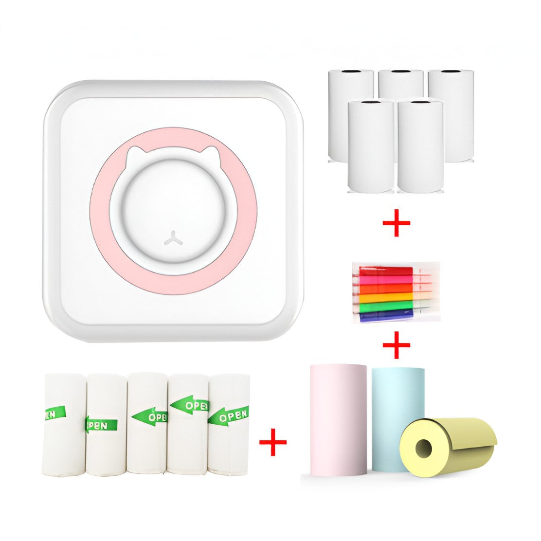 Mini Imprimanta Foto Portabila, Flippy, 5 Role de Hartie Termica, 5 Role Autocolante, 3 Role Colorate, Pixuri, Incarcare USB, Model Pisica, Alb Roz-3