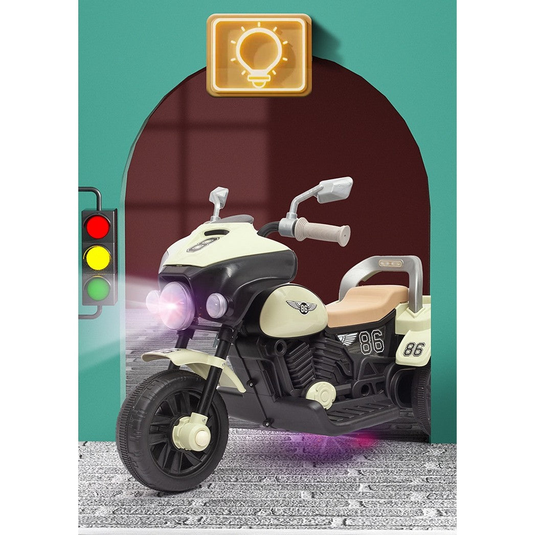 Motocicleta Electrica Flippy, cu Acumulator, cu Sistem Anti-Rasturnare, Sistem de Lumini si Muzica, Cutie de Depozitare, 1-8 Ani, 93 x 43 x 58 cm, Alb - Bej-6