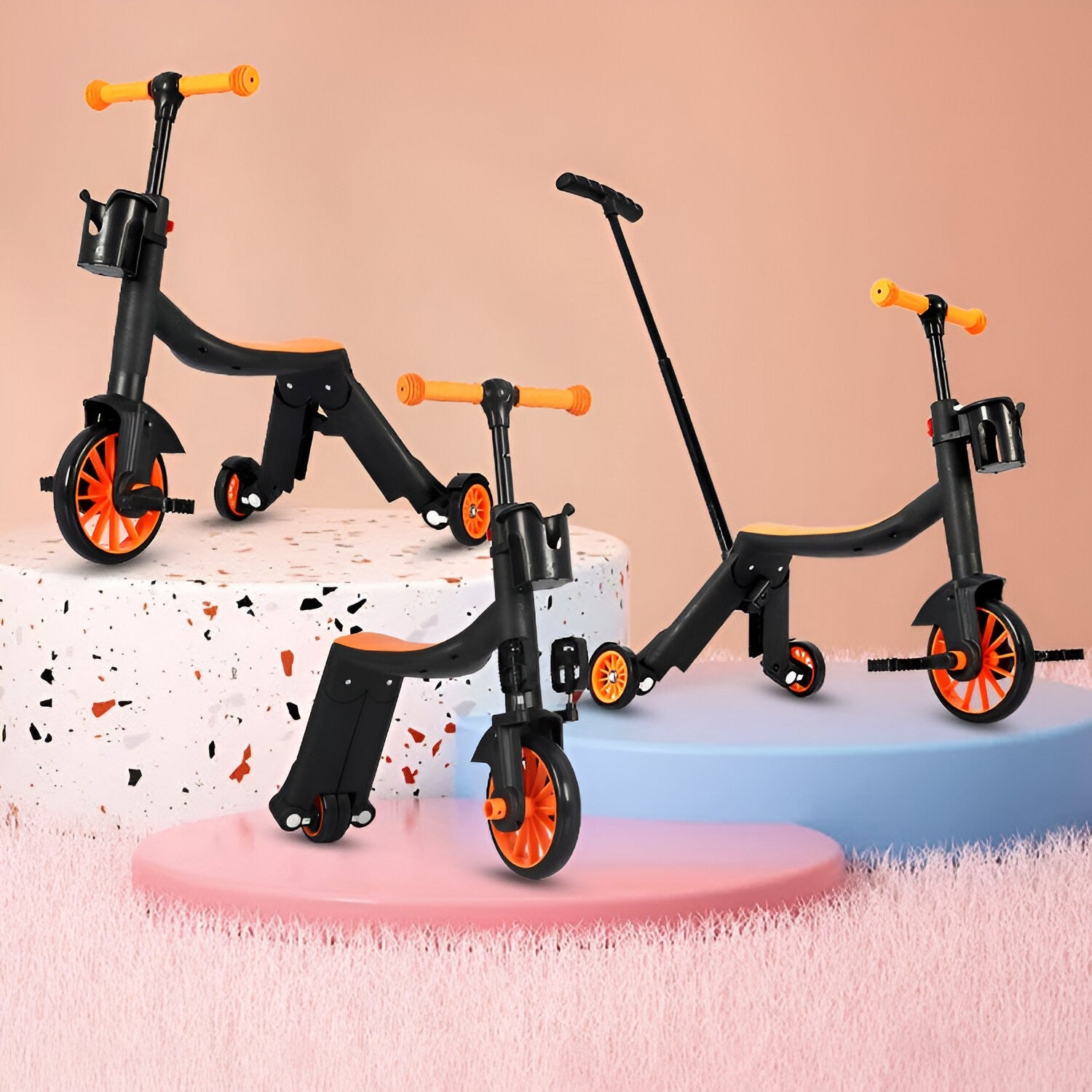 Bicicleta 8 in 1, Flippy, Transformabila, Multifunctionala, Reglare Inaltime, cu Maner de Impingere Detasabil, Tricicleta, Trotineta, 3 Roti, Pedale, Cosulet, 3-6 Ani, Portocaliu-2