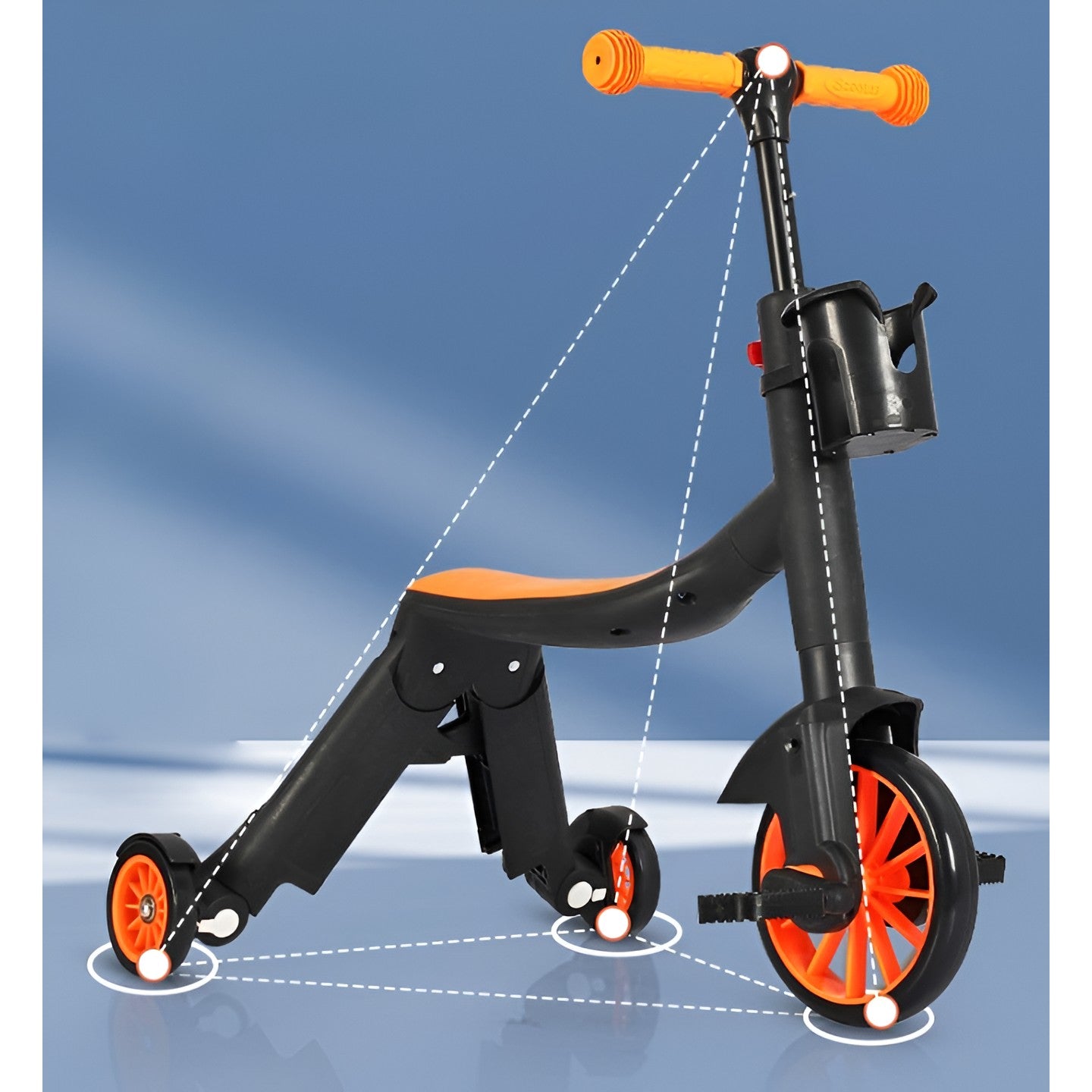 Bicicleta 8 in 1, Flippy, Transformabila, Multifunctionala, Reglare Inaltime, cu Maner de Impingere Detasabil, Tricicleta, Trotineta, 3 Roti, Pedale, Cosulet, 3-6 Ani, Portocaliu-5