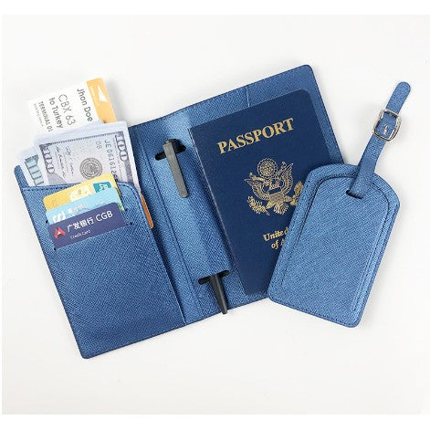 Portofel pentru Pasaport si Carduri, Flippy, 23x16 cm, 70g, din Piele PU, Suport Pix, Accesoriu Suport Eticheta, Unisex, Multifunctional, Albastru-0