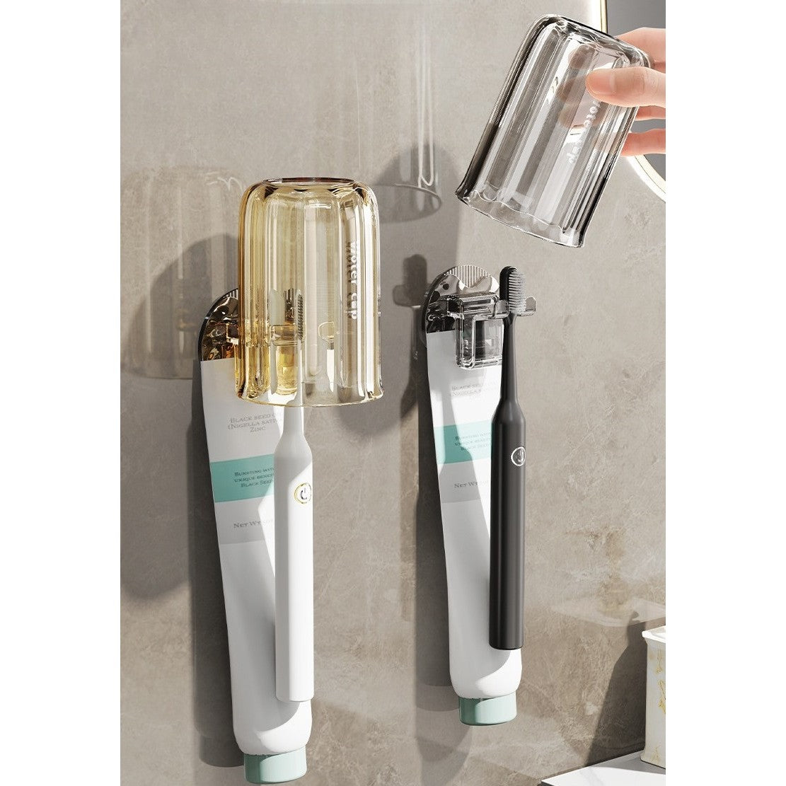 Suport Multifunctional 2 in 1, Pahar si Suport pentru Periuta de Dinti, Flippy, Plastic, Dimensiune: 10.4 x 7.3 x 7.3 cm, Maro Galbui-2