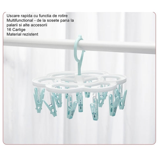 Uscator de Rufe Suspendat Flippy, cu 16 Carlige, Rotire 360 Grade, Mateiral Plastic, Usor de Depozitat, Multifunctional, 26 x 21 cm, Albastru-1