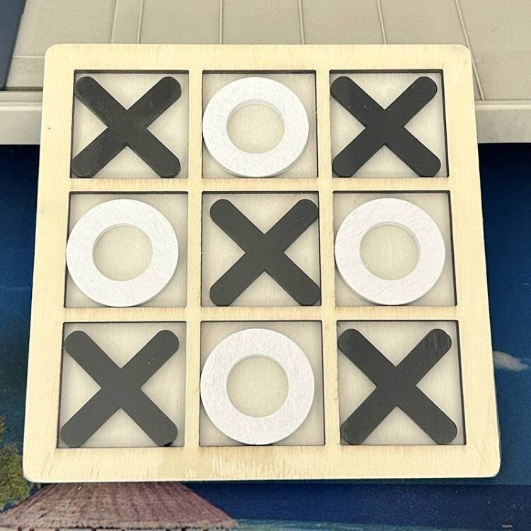 Jucarie Montessori Tic Tac Toe, Flippy, Educativa, Interactiva, din lemn, X si O, 9 Piese, 14.3x14.3 cm, Negru Alb-1