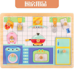 Puzzle Montessori din Lemn pentru Copii, Flippy, 3D, 0-3 Ani, Model Bucatarie, Educativ, Intuitiv, Creativ, 10 Piese, Multicolor-0