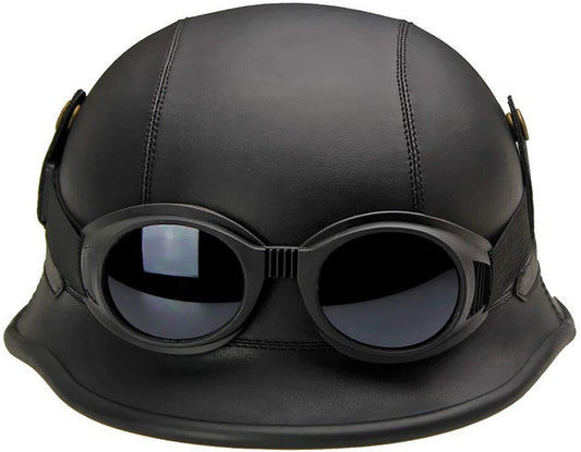Casca Moto WW2, imbracata in piele ecologica, cu ochelari