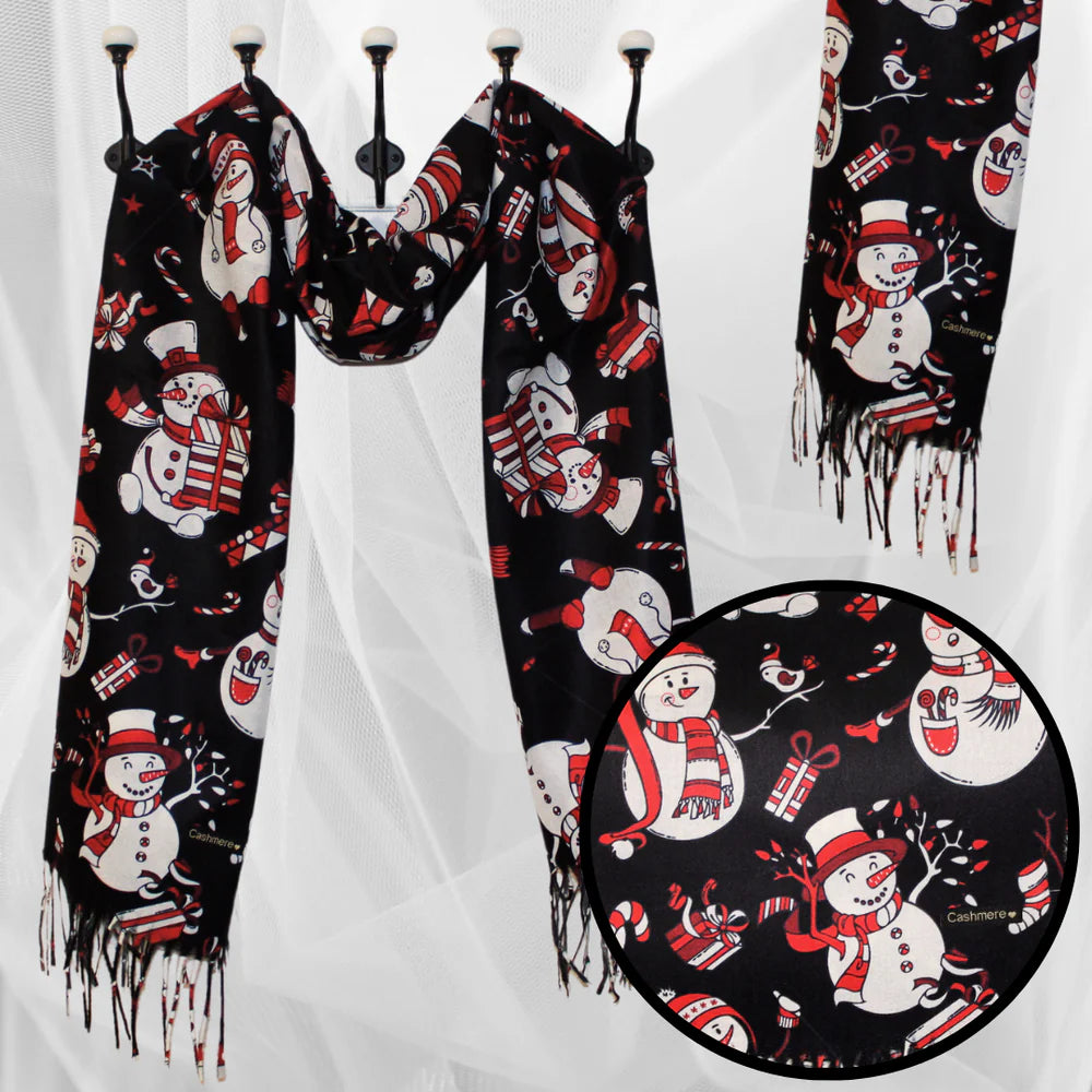 Esarfa Casmir de Crăciun cu Model Oameni de Zăpadă - Negru