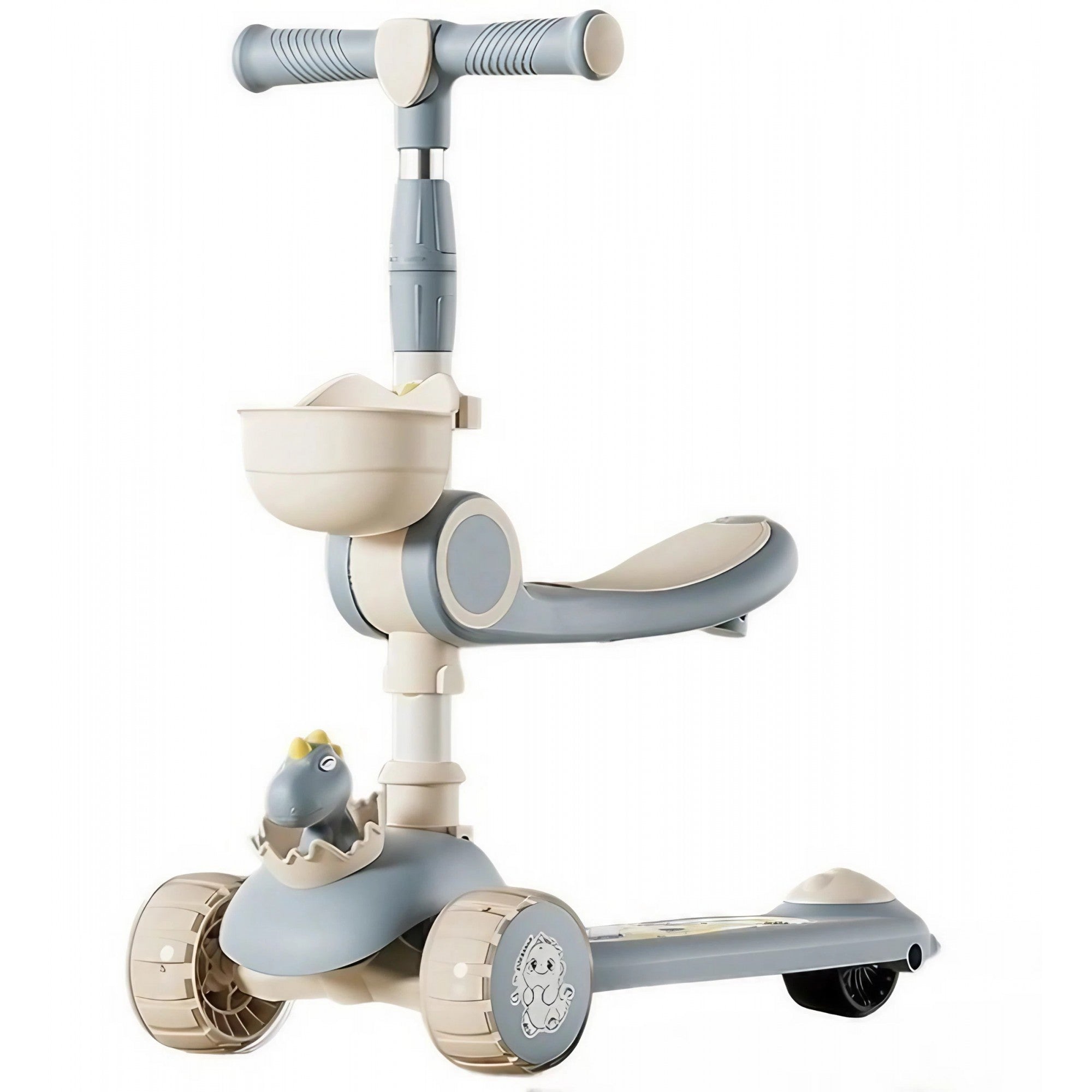 Trotineta Multifunctionala 3 in 1, Flippy, pentru Copii, 1-7 Ani, cu Lumini si Muzica, Reglabil 360, Pliere Usoara, Reglarea Inaltimii, Model Dinozaur, Bej/Albastru-0
