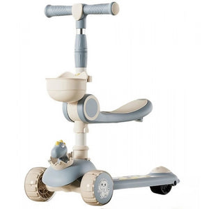 Trotineta Multifunctionala 3 in 1, Flippy, pentru Copii, 1-7 Ani, cu Lumini si Muzica, Reglabil 360, Pliere Usoara, Reglarea Inaltimii, Model Dinozaur, Bej/Albastru-0