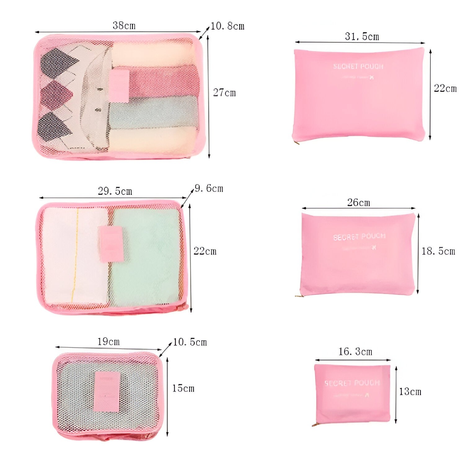 Set 6 Genți de Calatorie, Flippy, pentru Depozitare, Impermeabile, Organizator, Multifuncționale, Design cu Plasa, Pliabile, Fermoar, Dimensiuni Diferite, Roz-1