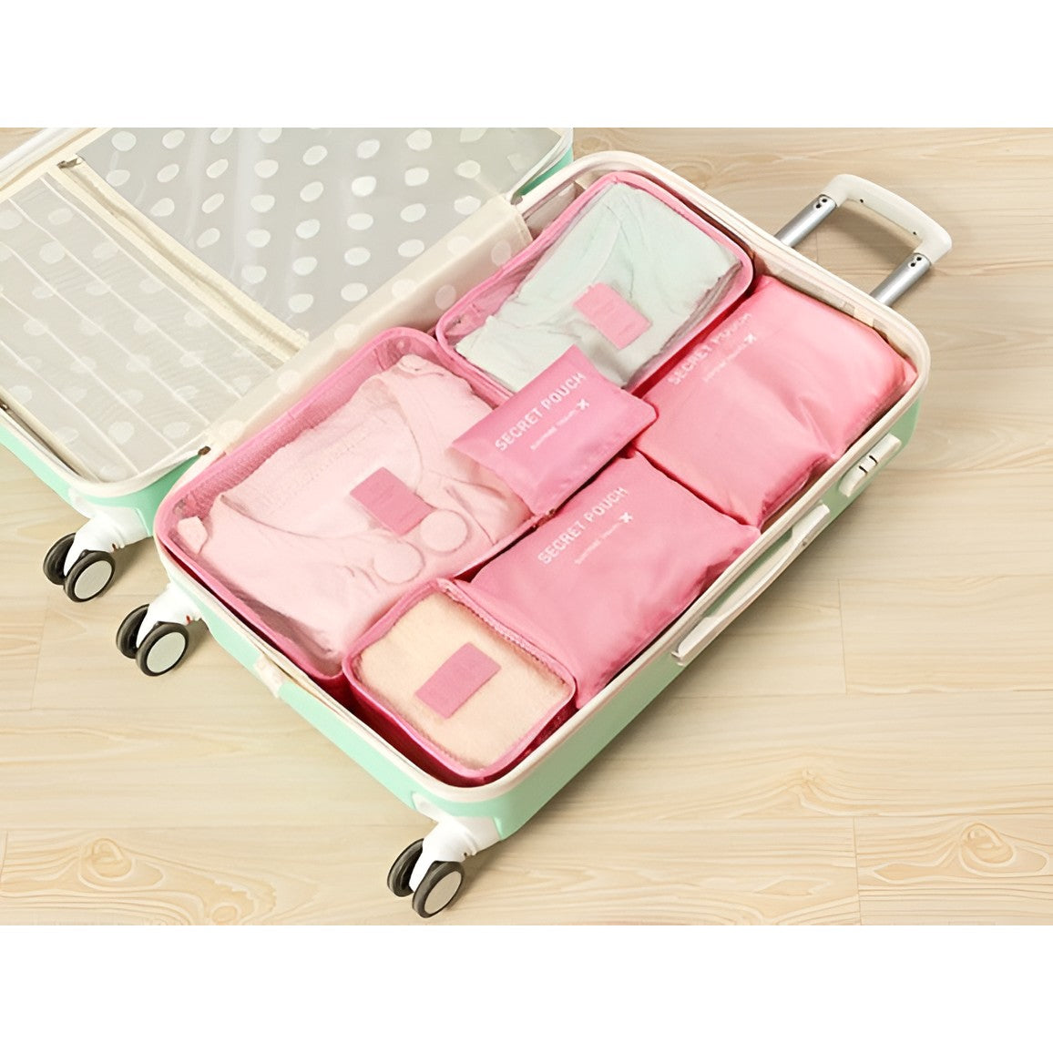 Set 6 Genți de Calatorie, Flippy, pentru Depozitare, Impermeabile, Organizator, Multifuncționale, Design cu Plasa, Pliabile, Fermoar, Dimensiuni Diferite, Roz-2