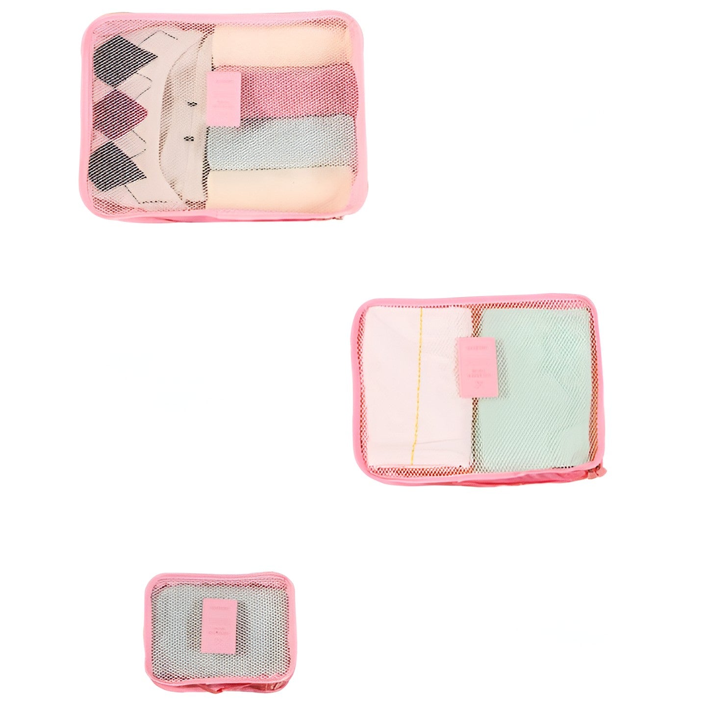 Set 6 Genți de Calatorie, Flippy, pentru Depozitare, Impermeabile, Organizator, Multifuncționale, Design cu Plasa, Pliabile, Fermoar, Dimensiuni Diferite, Roz-4