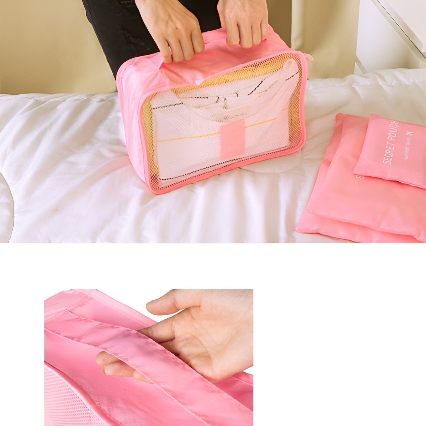 Set 6 Genți de Calatorie, Flippy, pentru Depozitare, Impermeabile, Organizator, Multifuncționale, Design cu Plasa, Pliabile, Fermoar, Dimensiuni Diferite, Roz-6