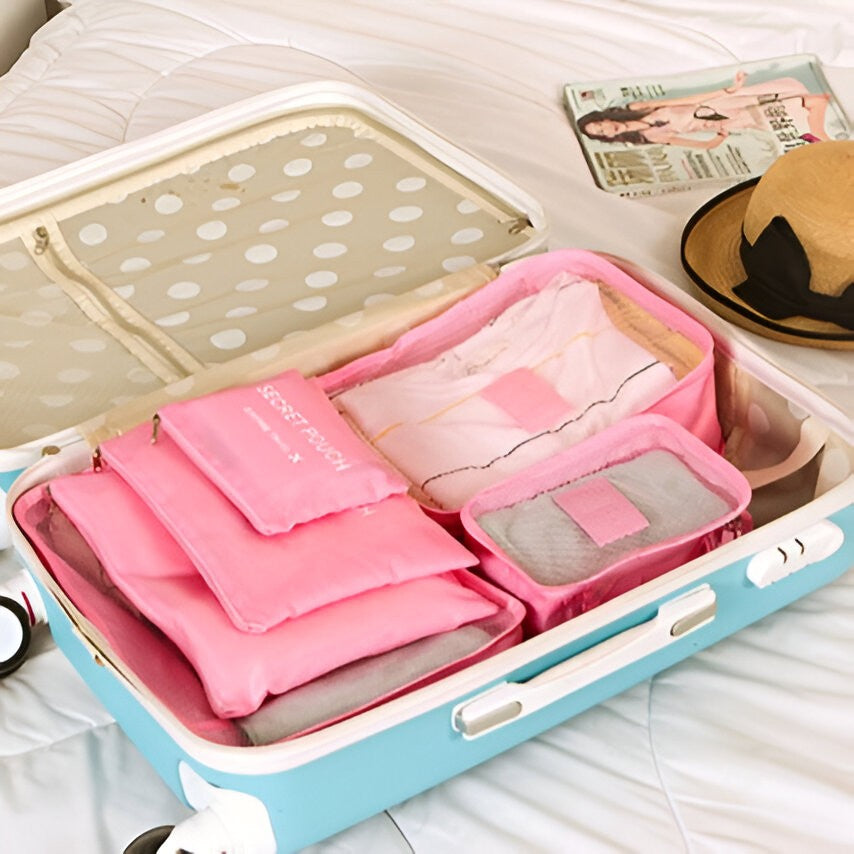 Set 6 Genți de Calatorie, Flippy, pentru Depozitare, Impermeabile, Organizator, Multifuncționale, Design cu Plasa, Pliabile, Fermoar, Dimensiuni Diferite, Roz-7