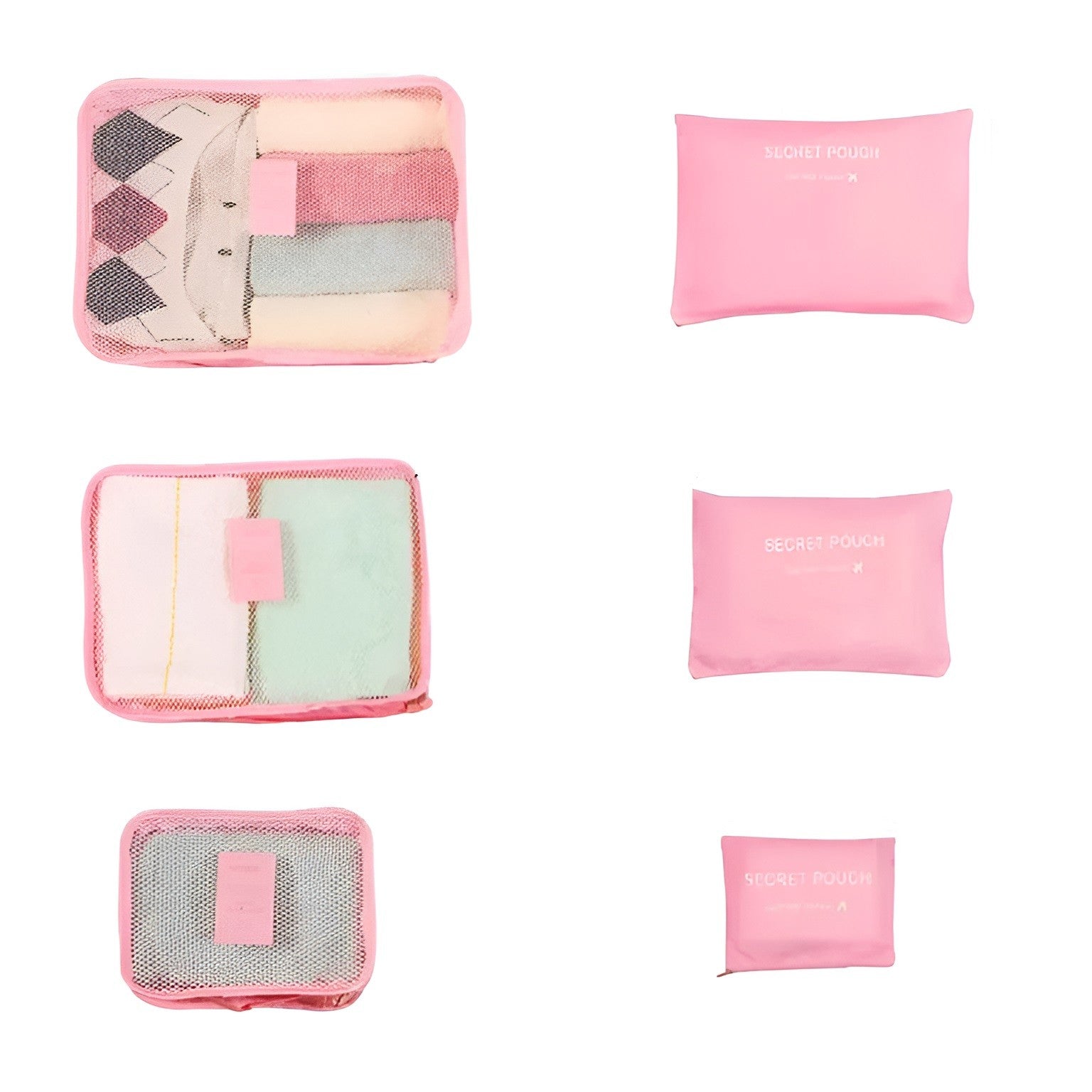 Set 6 Genți de Calatorie, Flippy, pentru Depozitare, Impermeabile, Organizator, Multifuncționale, Design cu Plasa, Pliabile, Fermoar, Dimensiuni Diferite, Roz-0