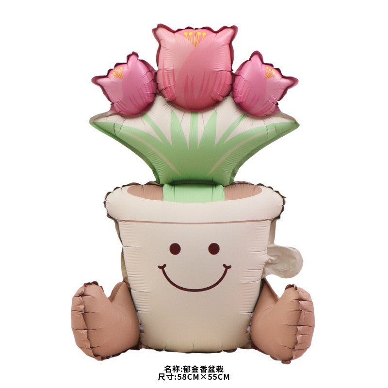 Balon din Folie Metalizata, Flippy, Figurina Animata, Model Ghiveci de Flori, 58x55 cm, Ambalaj Individual, Pai Inclus, Umflare cu Aer sau Heliu, Roz-0