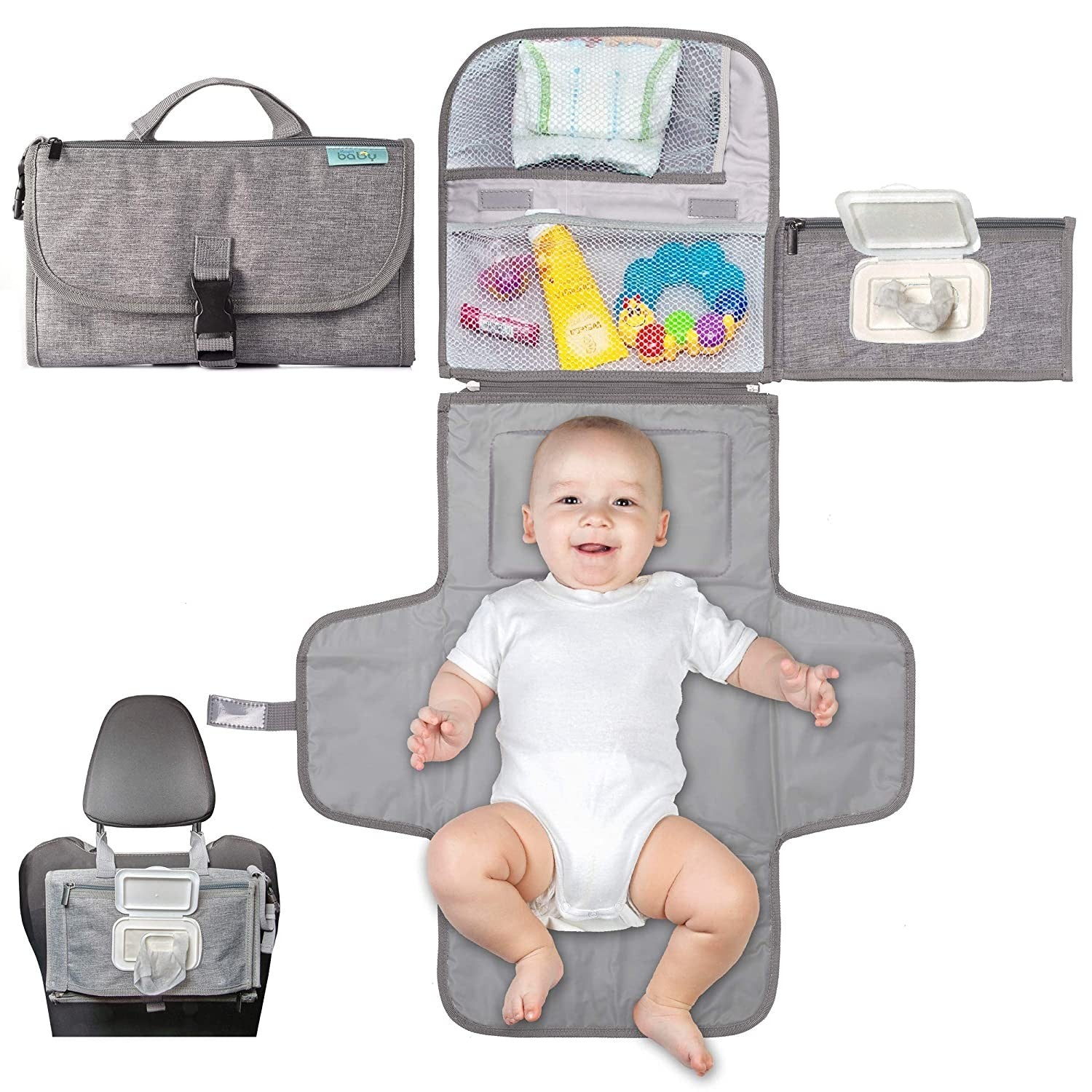 Geanta Multifunctionala pentru Schimbat Pampers, Flippy, Rezistenta la Apa, cu Agatatoare, Compartimentata, 30x20 cm, Gri-0