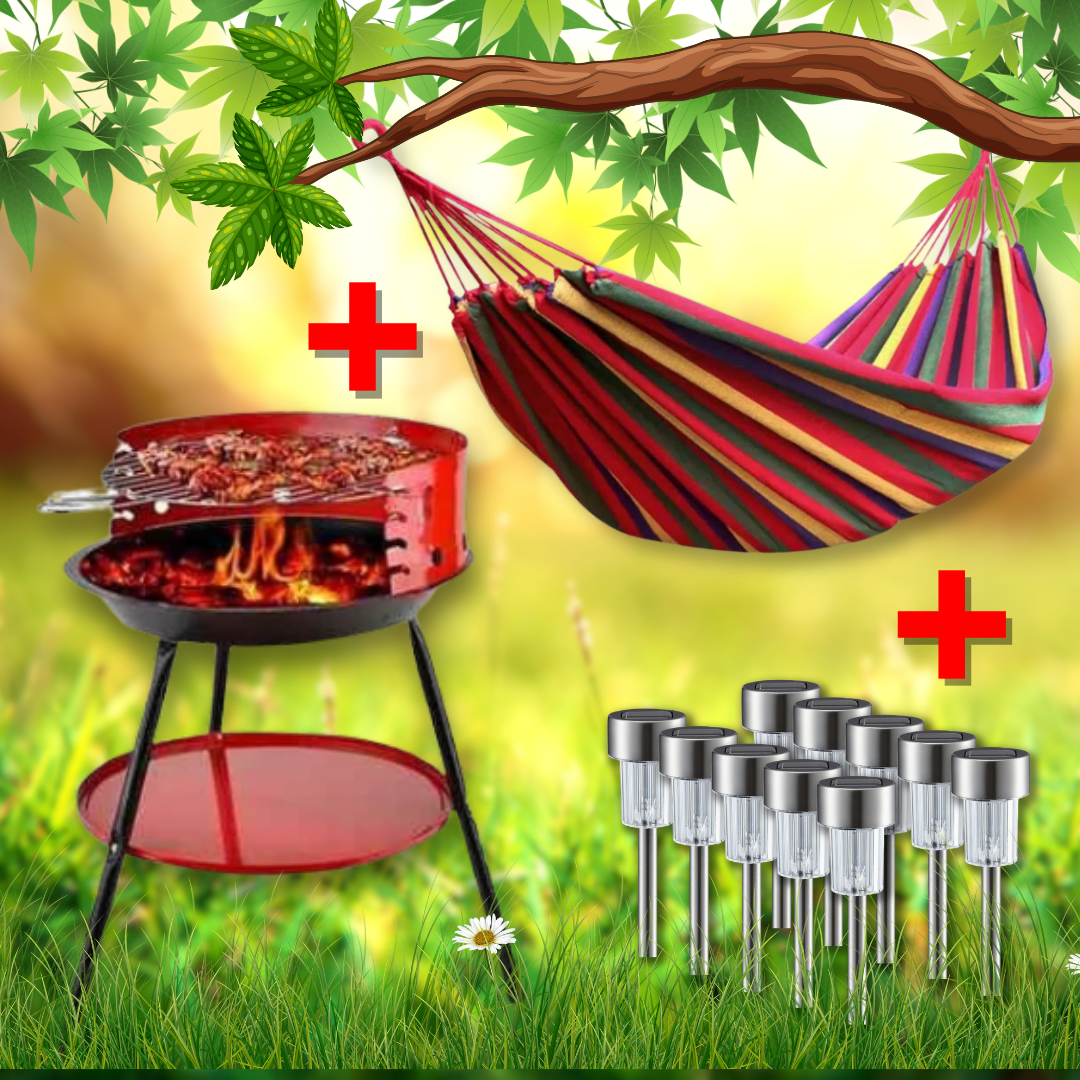 Oferta 3 in 1: Pachet Gratar Portabil pe Carbuni + Hamac Multicolor 170 x 75 cm + Set 10 Lampi Solare de Gradina cu senzor crepuscular