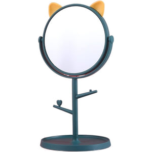 Oglina Cosmetica cu Picior, Flippy, HD, Rotire 360 Grade, 15 cm Diametru, Suport Bijuterii Baza Rotunda + 2 Brate, Model cu Urechi, 31 x 14.5 x 15 cm, din Plastic, Albastru/Galben-0