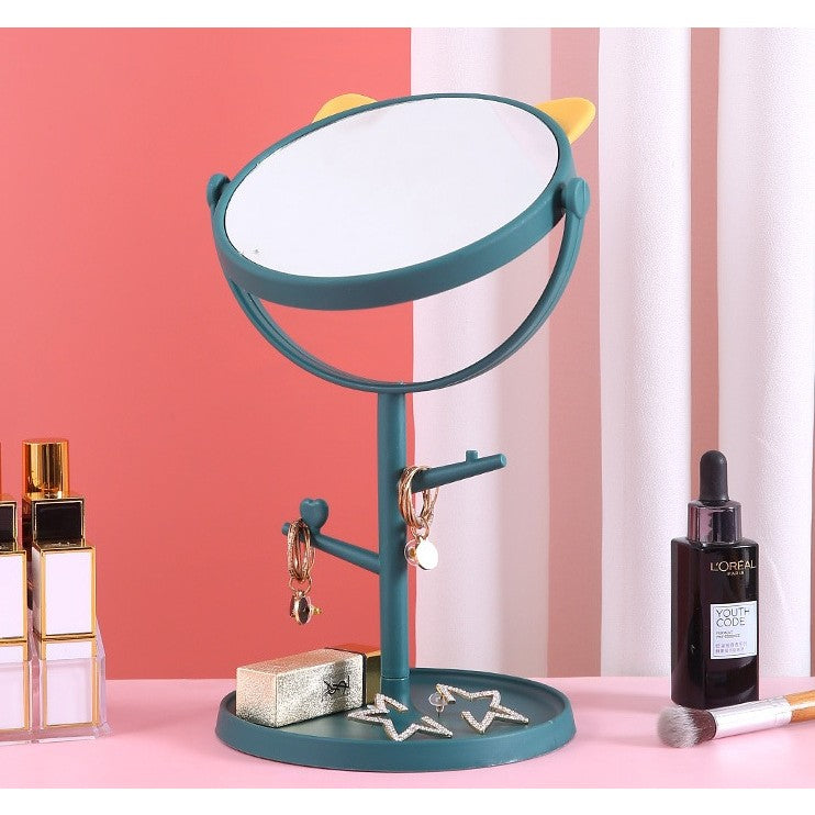 Oglina Cosmetica cu Picior, Flippy, HD, Rotire 360 Grade, 15 cm Diametru, Suport Bijuterii Baza Rotunda + 2 Brate, Model cu Urechi, 31 x 14.5 x 15 cm, din Plastic, Albastru/Galben-3