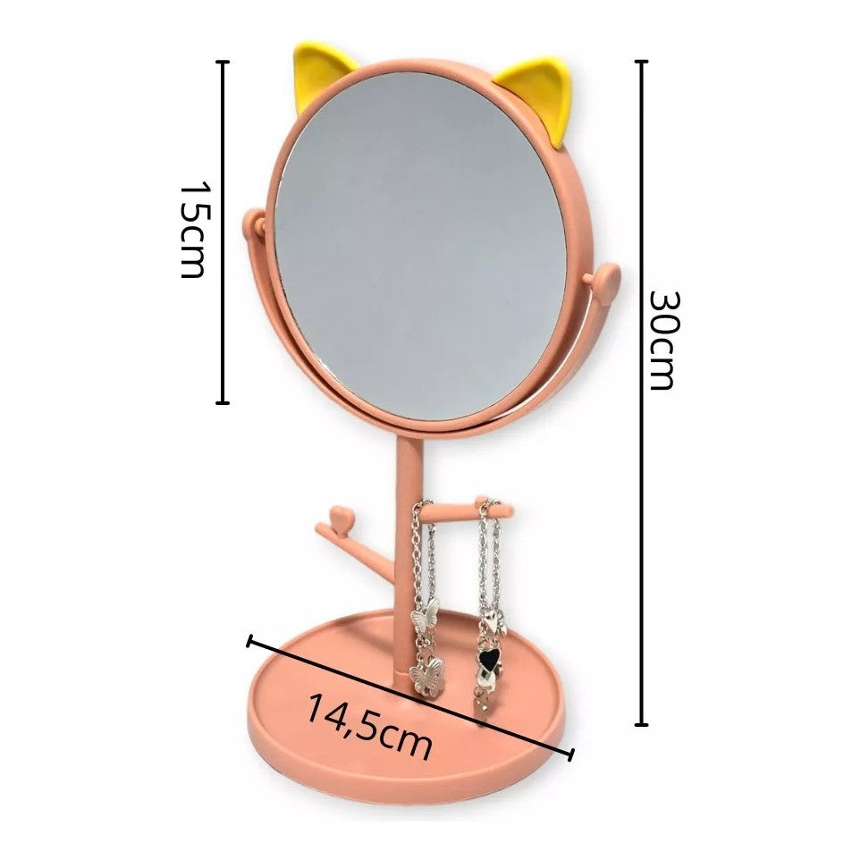 Oglina Cosmetica cu Picior, Flippy, HD, Rotire 360 Grade, 15 cm Diametru, Suport Bijuterii Baza Rotunda + 2 Brate, Model cu Urechi, 31 x 14.5 x 15 cm, din Plastic, Roz/Galben-2