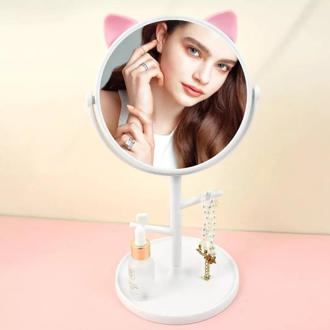 Oglina Cosmetica cu Picior, Flippy, HD, Rotire 360 Grade, 15 cm Diametru, Suport Bijuterii Baza Rotunda + 2 Brate, Model cu Urechi, 31 x 14.5 x 15 cm, din Plastic, Alb-1