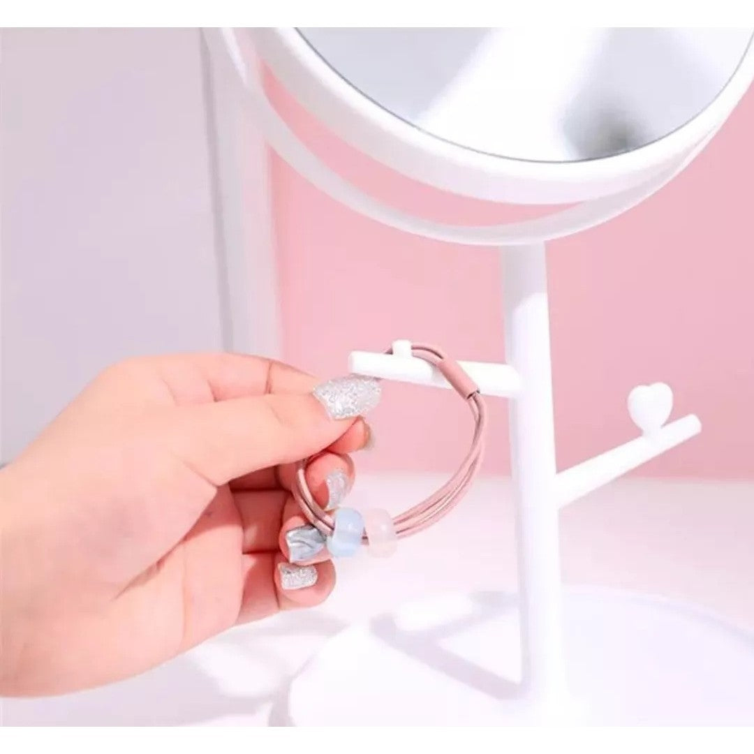 Oglina Cosmetica cu Picior, Flippy, HD, Rotire 360 Grade, 15 cm Diametru, Suport Bijuterii Baza Rotunda + 2 Brate, Model cu Urechi, 31 x 14.5 x 15 cm, din Plastic, Alb-2