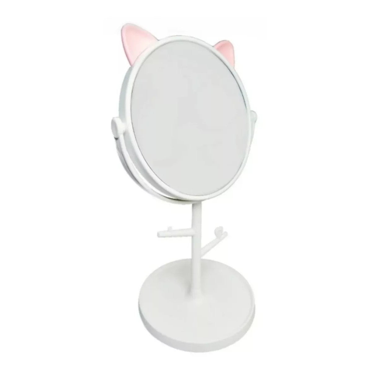 Oglina Cosmetica cu Picior, Flippy, HD, Rotire 360 Grade, 15 cm Diametru, Suport Bijuterii Baza Rotunda + 2 Brate, Model cu Urechi, 31 x 14.5 x 15 cm, din Plastic, Alb-4