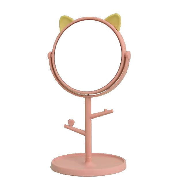 Oglina Cosmetica cu Picior, Flippy, HD, Rotire 360 Grade, 15 cm Diametru, Suport Bijuterii Baza Rotunda + 2 Brate, Model cu Urechi, 31 x 14.5 x 15 cm, din Plastic, Roz/Galben-0