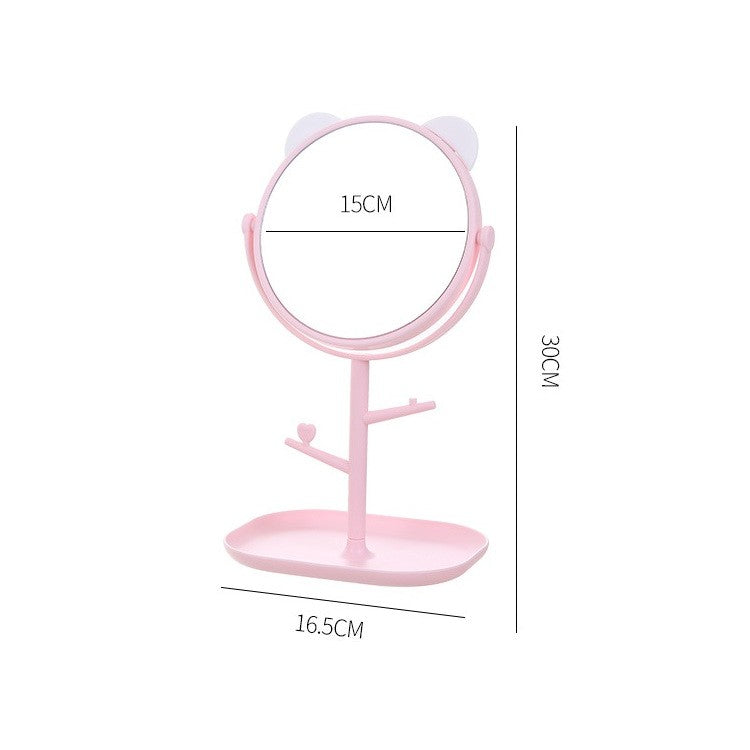 Oglina Cosmetica cu Picior, Flippy, HD, Rotire 360 Grade, 15 cm Diametru, Suport Bijuterii Baza + Brate, Model cu Urechi, 30 x 16.5 x 15 cm, Roz-4
