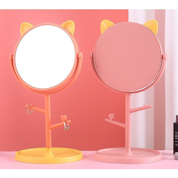 Oglina Cosmetica cu Picior, Flippy, HD, Rotire 360 Grade, 15 cm Diametru, Suport Bijuterii Baza Rotunda + 2 Brate, Model cu Urechi, 31 x 14.5 x 15 cm, din Plastic, Portocaliu/Galben-2