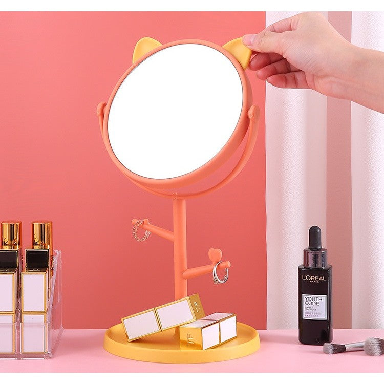 Oglina Cosmetica cu Picior, Flippy, HD, Rotire 360 Grade, 15 cm Diametru, Suport Bijuterii Baza Rotunda + 2 Brate, Model cu Urechi, 31 x 14.5 x 15 cm, din Plastic, Portocaliu/Galben-3