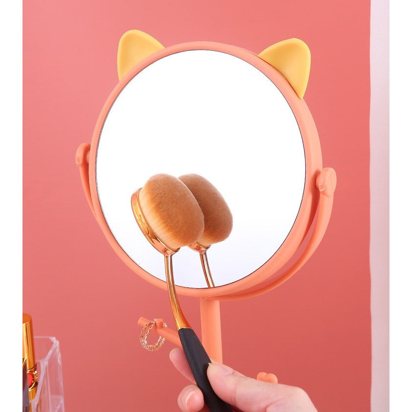 Oglina Cosmetica cu Picior, Flippy, HD, Rotire 360 Grade, 15 cm Diametru, Suport Bijuterii Baza Rotunda + 2 Brate, Model cu Urechi, 31 x 14.5 x 15 cm, din Plastic, Portocaliu/Galben-4