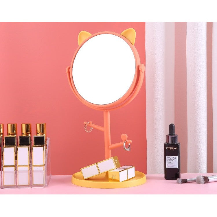 Oglina Cosmetica cu Picior, Flippy, HD, Rotire 360 Grade, 15 cm Diametru, Suport Bijuterii Baza Rotunda + 2 Brate, Model cu Urechi, 31 x 14.5 x 15 cm, din Plastic, Portocaliu/Galben-5