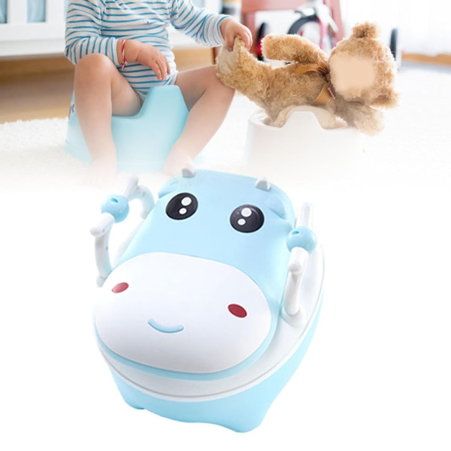 Olita pentru Copii, Flippy, +1an, Portabila, Design Vacuta cu Capac, Model Prietenos, Non-Toxic, cu Manere, Compartiment Detasabil, Perie Inclusa, Usor de Curatat, Albastru-1