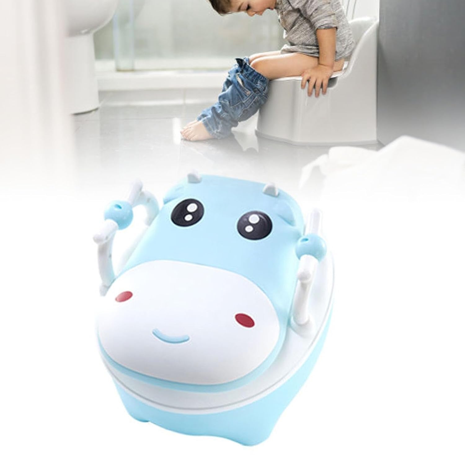 Olita pentru Copii, Flippy, +1an, Portabila, Design Vacuta cu Capac, Model Prietenos, Non-Toxic, cu Manere, Compartiment Detasabil, Perie Inclusa, Usor de Curatat, Albastru-2