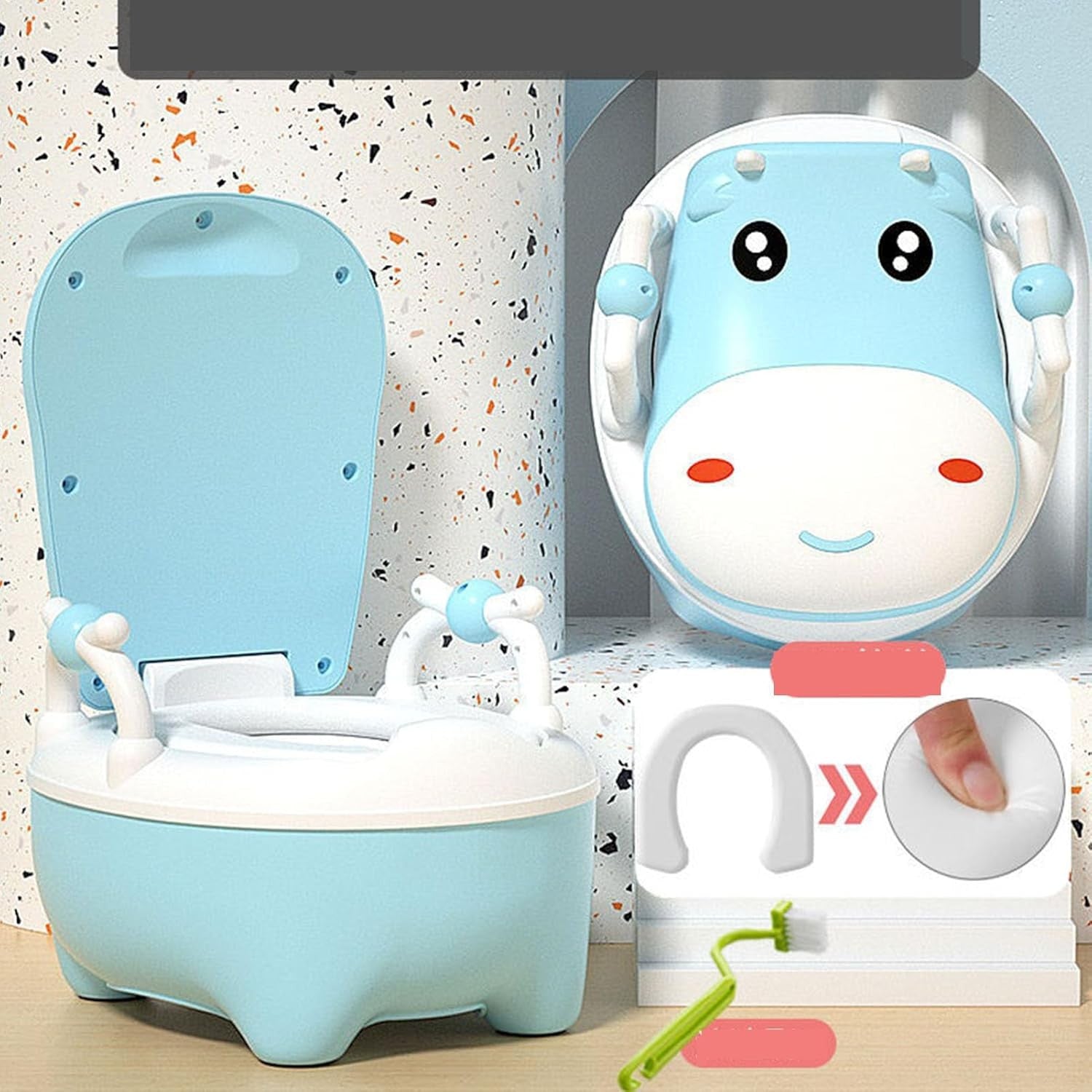 Olita pentru Copii, Flippy, +1an, Portabila, Design Vacuta cu Capac, Model Prietenos, Non-Toxic, cu Manere, Compartiment Detasabil, Perie Inclusa, Usor de Curatat, Albastru-6