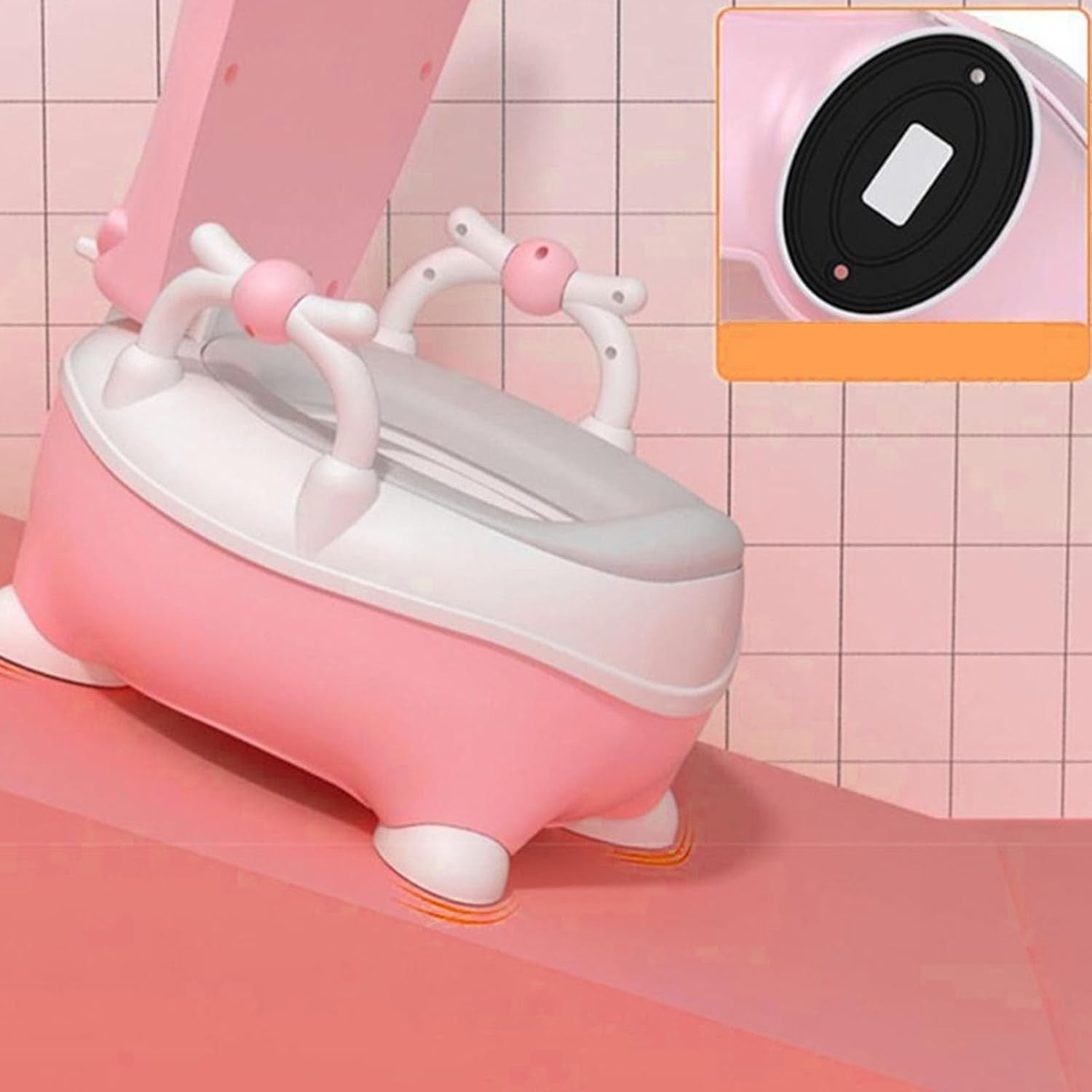 Olita pentru Copii, Flippy, +1an, Portabila, Design Vacuta cu Capac, Model Prietenos, Non-Toxic, cu Manere, Compartiment Detasabil, Perie Inclusa, Usor de Curatat, Roz-1