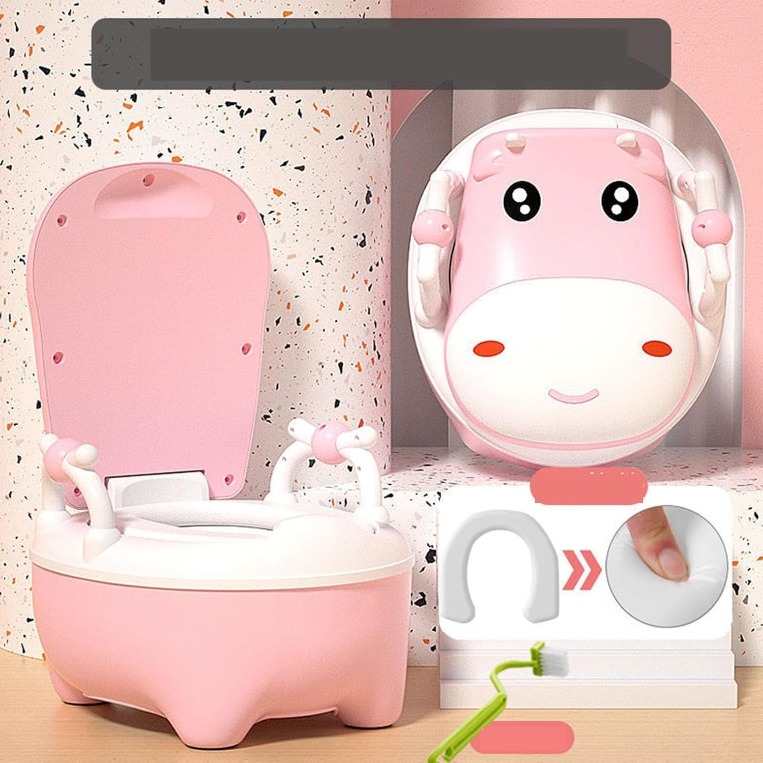 Olita pentru Copii, Flippy, +1an, Portabila, Design Vacuta cu Capac, Model Prietenos, Non-Toxic, cu Manere, Compartiment Detasabil, Perie Inclusa, Usor de Curatat, Roz-3