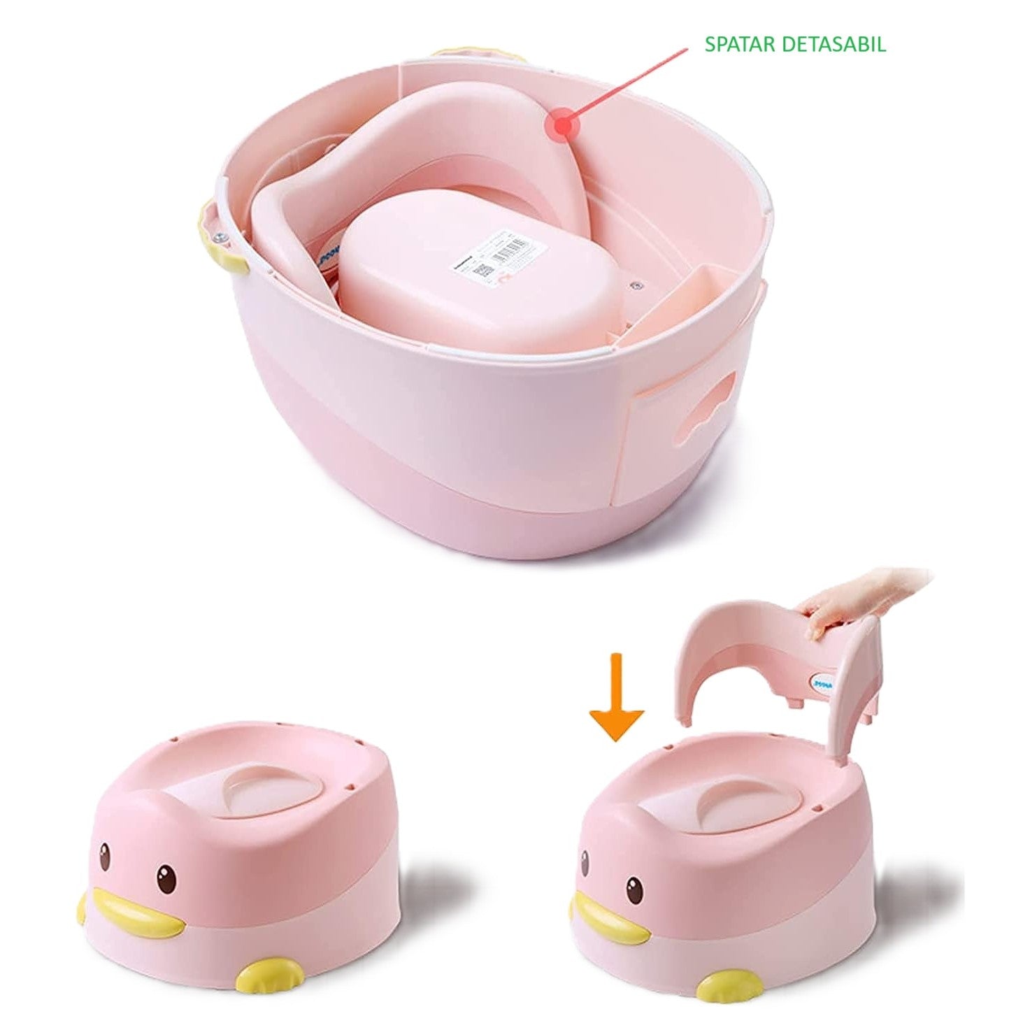 Olita pentru Copii, Flippy, +6 luni, Detasabila, cu Capac, Antiderapanta, din Plastic, Colac Moale, Model Ratusca, 38x32x30 cm. Roz-4