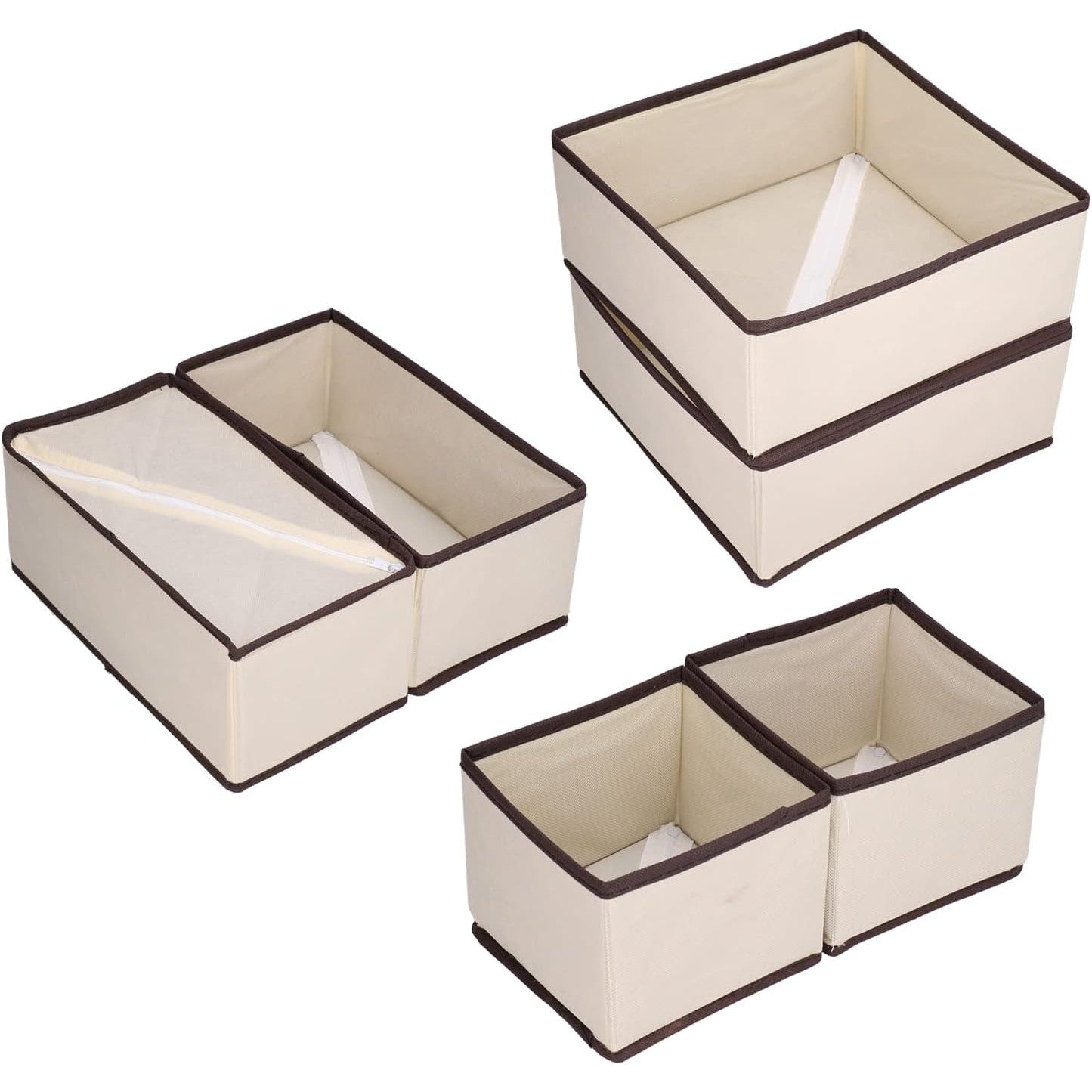 Organizator pentru Sertar, Flippy, 3 Marimi, pentru Lenjerie, Tricouri, Sosete, 6 Piese, Pliabil, Stivuibil, din Tesatura, Alb/Maro-1